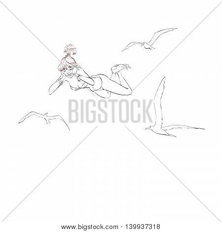Young woman in swimsuit soars with seagulls, line art vector illustration. The rest of the sea. Dream vacation