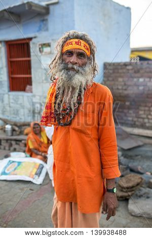 Vrindavan, India - March 16, 2016: An unidentified sadhu - Hindu holy man, portrait in Vrindavan, India.