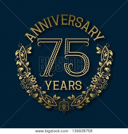 Golden emblem of seventy fifth years anniversary. Celebration patterned logotype with shadow on blue.
