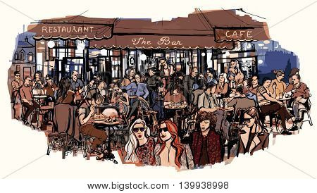 Customers at traditional outdoor Parisian cafe - Vector illustration