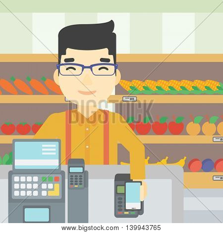 An asian young man paying wireless with his smartphone at the supermarket checkout . Male customer making payment for purchase with smartphone. Vector flat design illustration. Square layout.