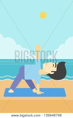 An asian young man standing in yoga triangle pose. Man meditating in yoga triangle position on the beach. Man doing yoga on nature. Vector flat design illustration. Vertical layout.