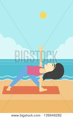 An asian young woman standing in yoga triangle position. Woman meditating in yoga triangle position on the beach. Woman doing yoga on nature. Vector flat design illustration. Vertical layout.