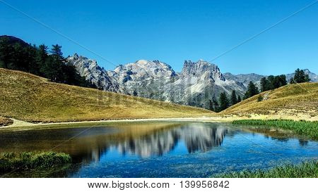 mountain lake during the summer in the alps