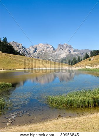 mountain lake panorama with high peaks in alps