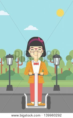 An asian young woman driving electric scooter. Woman on self-balancing electric scooter with two wheels. Woman on electric scooter in the park. Vector flat design illustration. Vertical layout.
