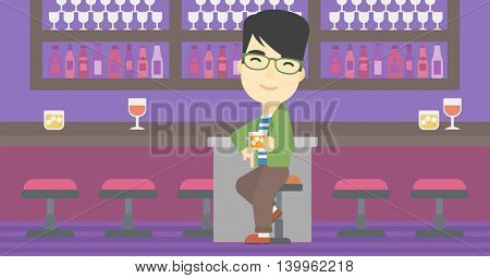 An asian man sitting at the bar counter. Man sitting with glass in bar. Cheerful young man sitting alone at the bar counter. Vector flat design illustration. Horizontal layout.