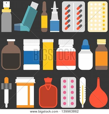 Medicine collection set 2. Bottles, tablets, capsules, sprays and equipment, flat design