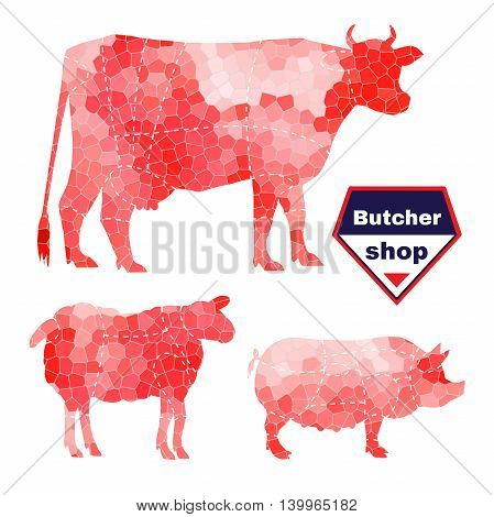 Set of farm animals for butcher shop with anatomic cut