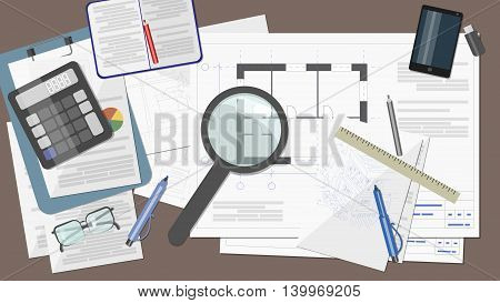 Work Desk architect , builder of the drawings , documents , calculator , pencils , a ruler , a magnifying glass , a telephone and a notebook