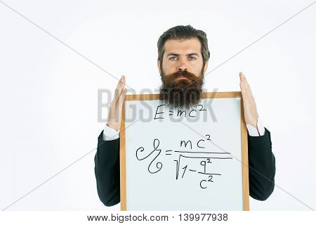 Bearded Man With Einstein Formula And Newtons Law