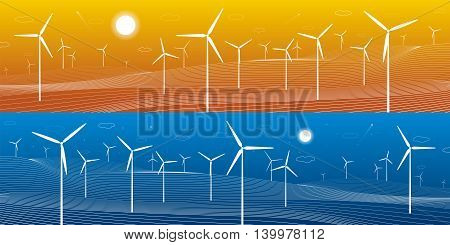 Ecology panorama, mountains landscape, windmills, wind force, energy illustration, day and night, vector design art
