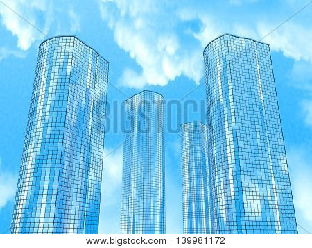 Four skyscrapers on a background of sky and clouds. 3D illustration