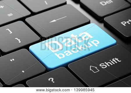 Information concept: computer keyboard with word Data Backup, selected focus on enter button background, 3D rendering