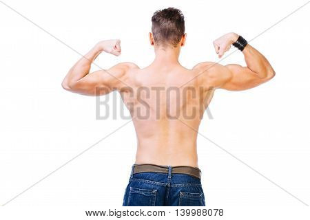 Well defined back and biceps of a muscular man - isolated on white.