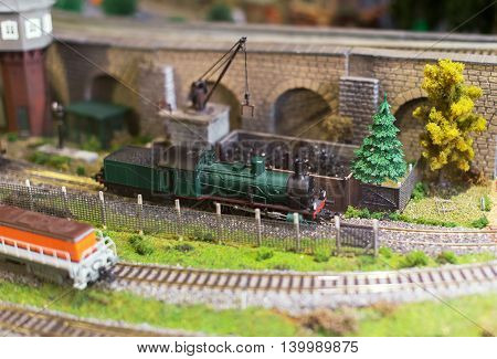 City In Miniature. Model Of Train On Railstation.