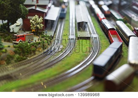 City In Miniature. Model Of Train On Railstation.