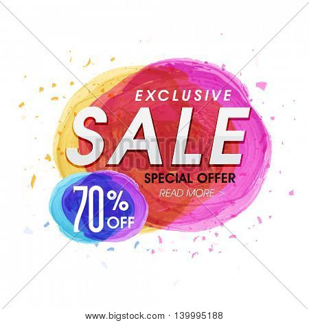 Exclusive Sale with 70% Special Offer, Creative Poster, Banner or Flyer with colorful abstract paint stroke. Vector illustration.