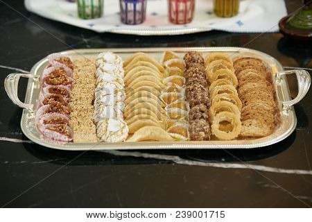 Traditional Moroccan Festive Cookies On Silver Tray, View From Above. Ramadan Cookies Ready For Eati