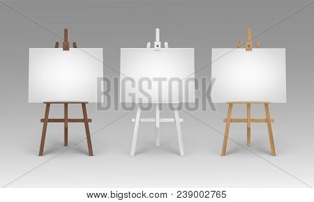 Vector Set Of Wooden Brown White Sienna Easels With Mock Up Empty Blank Horizontal Canvases Isolated