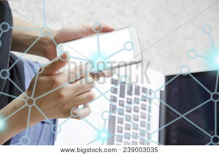 Businesswoman Mockup Image Of Woman Using Laptopand Smarth Phone. Business Commercial Corporate Deve