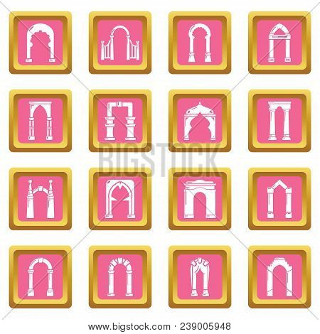 Arch Types Icons Set Vector Pink Square Isolated On White Background