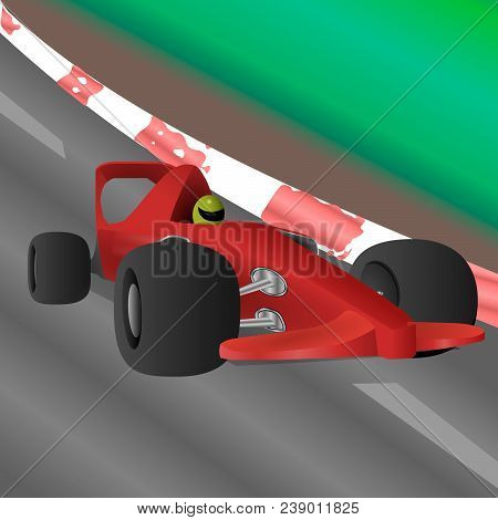 The Racing Car Is Riding At High Speed Along The Highway.