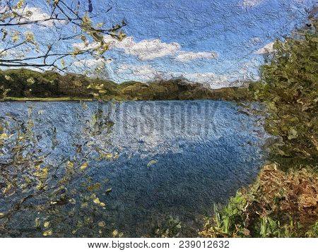 Digital Painting Of A Beautiful Blue Lake Surrounded By Trees On A Sunny Day, With A Blue Sky With C
