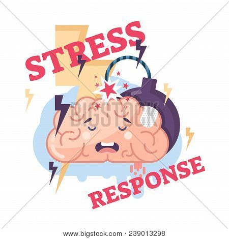 Human Stress Response System Conceptual Vector Illustration Brain Character With Lightning Bolts, Ex