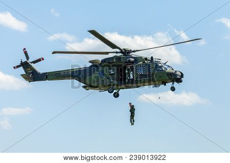 Berlin / Germany - June 28, 2018:  German Military Transport Helicopter, Nh 90 Flies On Airfield In 