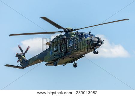 Berlin / Germany - June 28, 2018:  German Military Transport Helicopter, Nh 90 Flies On Airfield In 