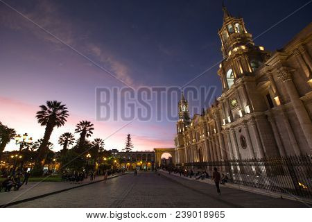 AREQUIPA PERU NOVEMBER 9: Main square of Arequipa with church on november 9 2015 in Arequipa Peru. Arequipa's Plaza de Armas is one of the most beautiful in Peru.
