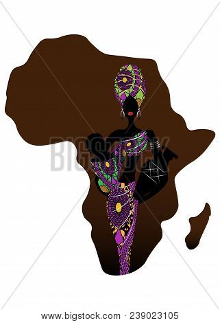 Africa Maternity Icon, Population Growth Rate. A Young Afro Mother Carrying Baby Being. Silhouette O