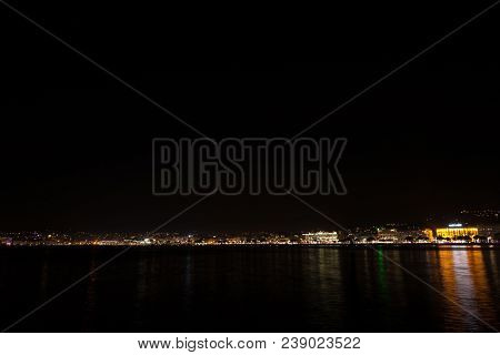 Cannes Beach Night View, France. Famous Town In South Of France. Promenade De La Croisette