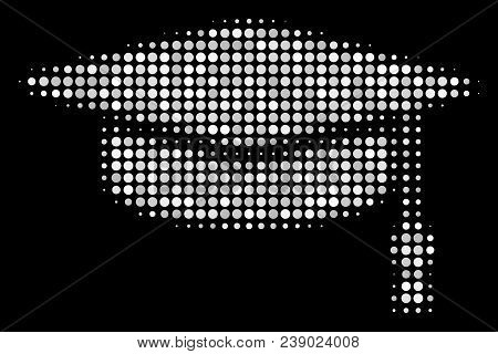 Graduation Cap Halftone Vector Icon. Illustration Style Is Dot Iconic Graduation Cap Symbol On A Bla