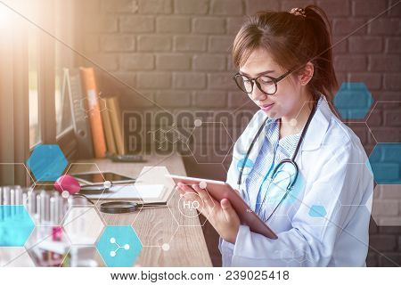 Doctor Working On Internet In Lap Test. Science And Technology.