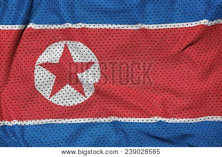 North Korea Flag Printed On A Polyester Nylon Sportswear Mesh Fabric With Some Folds