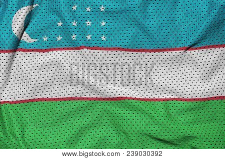 Uzbekistan Flag Printed On A Polyester Nylon Sportswear Mesh Fabric With Some Folds