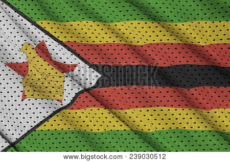 Zimbabwe Flag Printed On A Polyester Nylon Sportswear Mesh Fabric With Some Folds