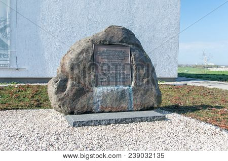 Lublin, Poland - April 14, 2018: Stone With Qoute Of A Priest Emilian Kovch Majdanek Prisoner No 239