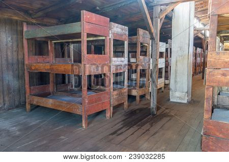 Lublin, Poland - April 14, 2018: Lublin, Poland - April 14, 2018: Beds In Prisoner Barracks At Majda