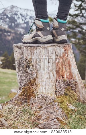 Close up of female classic leather hiking boots wearing by woman standing on stump in mountains - travel and outdoor activities concept