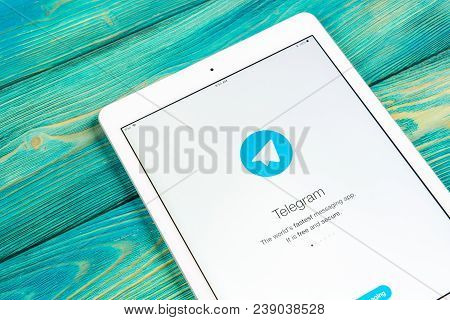 Sankt-petersburg, Russia, April 2, 2018: Telegram Application Icon On Apple Ipad Screen Close-up. Te