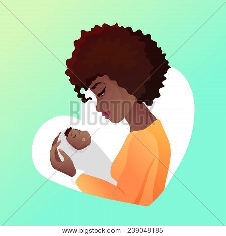 Young African American Mother With Baby In Her Hands. Looking An Infant And Smilling, Child Sleeps. 