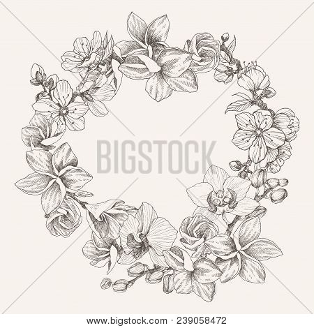 Spting Flowers Drawing. Illustration And Clip Art On White Backgrounds. Idea For Business Visit Card