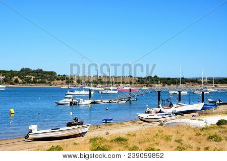 Alvor, Portugal - June 7, 2017 - Fishing Boats And Yachts Moored In The Estuary, Alvor, Algarve, Por