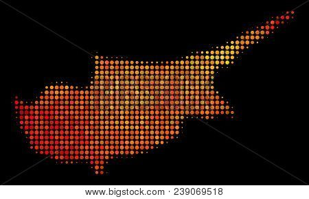 Pixelated Orange Cyprus Island Map. Vector Geographical Plan In Fire Color Variations On A Black Bac