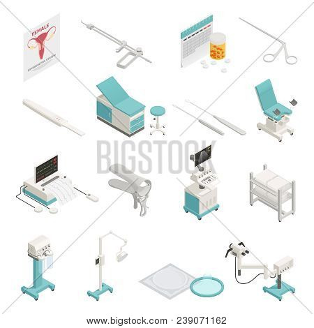 Gynecology Equipment And Instruments Isometric Icons Set Isolated On White Background 3d Vector Illu