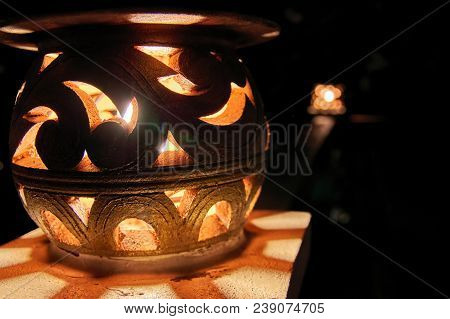 Decorative Street Lamp Glowing At Night. Close-up. Dark Background. Copy Spce.