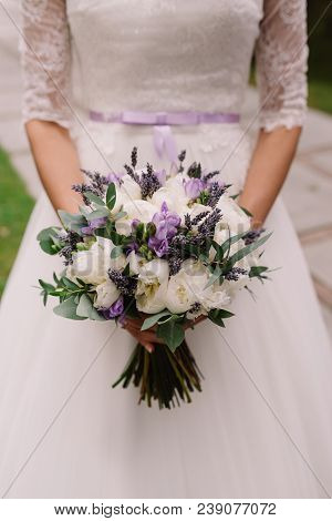 Wedding Dress, Wedding Rings, Wedding Bouquet With Lavanda And Peones